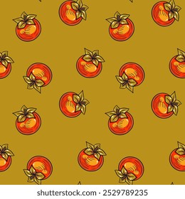 Seamless pattern with ripe orange persimmons on olive, featuring whole fruits in a bright and fresh design, perfect for fabric, wallpaper, kitchen decor, ideal for fruit-themed and seasonal projects