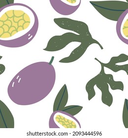 Seamless pattern ripe passion fruit. Cartoon print of an exotic fruit on a white isolated background. Hand-drawn organic food. Tropical treats. The concept of healthy eating.