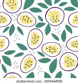 Patrón sin foco de fruta madura de la pasión. Dibujo de una fruta exótica sobre un fondo blanco aislado. Alimentos orgánicos hechos a mano. Tratamientos tropicales. El concepto de alimentación saludable.