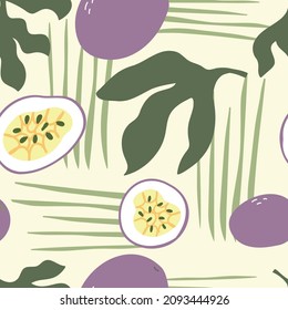 Seamless pattern ripe passion fruit. Cartoon print of an exotic fruit on a white isolated background. Hand-drawn organic food. Tropical treats. The concept of healthy eating.