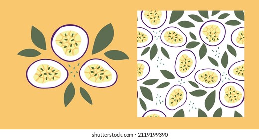 Patrón sin foco de fruta madura de la pasión. Dibujo de una fruta exótica sobre un fondo blanco aislado. Alimentos orgánicos hechos a mano. Tratamientos tropicales. 