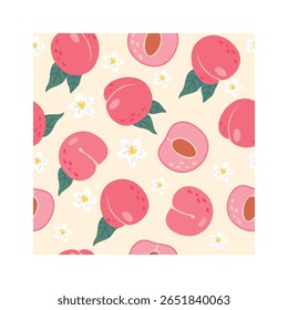 Patrón sin fisuras con melocotones maduros y flores blancas sobre un fondo amarillo pastel, ideal para crear telas, papel de regalo o fondos