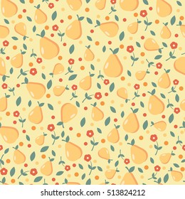 Seamless pattern with ripe pears and red flowers on the yellow background. EPS10 vector 
illustration.