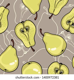 Seamless pattern with ripe pears. Stylized hand drawn vector.
