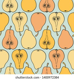 Seamless pattern with ripe pears. Stylized hand drawn vector.