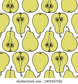 Seamless pattern with ripe pears. Stylized hand drawn vector.