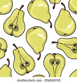 Seamless pattern with ripe pears. Stylized hand drawn vector.