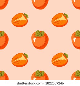 Seamless pattern of ripe persimmon fruits, whole and sliced, on pink background. Bright, juicy vector illustration for natural or food design, fabric, wrapping, paper dishes prints.