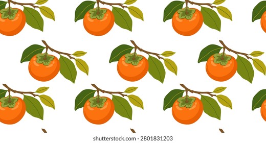 seamless pattern with ripe persimmon fruits on branches