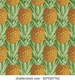 Seamless pattern with ripe pineapple fruits on a light backdrop. Sweet tropical fruit vector background, suitable for wallpaper, wrapping paper, fabric, textile, summer design