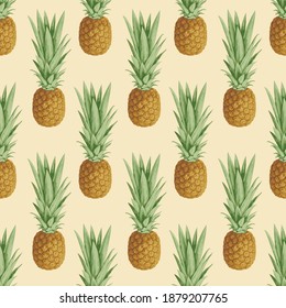 Seamless pattern with ripe pineapple fruits on a light backdrop. Sweet tropical fruit vector background, suitable for wallpaper, wrapping paper, fabric, textile, summer design