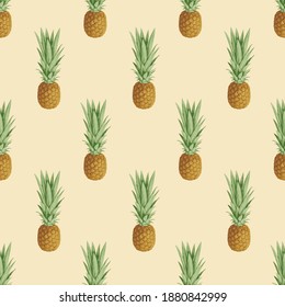 Seamless pattern with ripe pineapple fruits on a light backdrop. Summer tropical vector background with sweet pineapples, suitable for wallpaper, wrapping paper, fabric, textile, fruit design