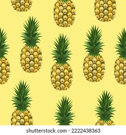 Nahtlose Muster reifer Ananas auf gelbem Hintergrund.Vektorgrafik für Textilien, Saftpackungen, Teteraday-Cover.