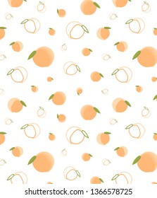 Seamless pattern of ripe pink-orange peaches of different sizes. Cute cartoon peaches on a white background.Vector pattern for design fabric, packaging, wrapping paper or tableware. 
