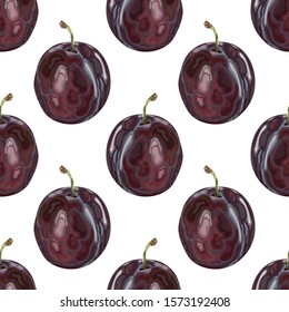Seamless pattern with ripe plum. Fruit background with plums. Wallpaper, print, wrapping paper, banner, poster, paper, textile design. Vector illustration.