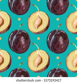 Seamless pattern with ripe plum. Fruit background with plums. Wallpaper, print, wrapping paper, banner, poster, paper, textile design. Vector illustration.