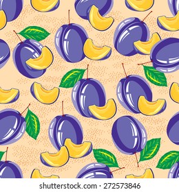 seamless pattern of ripe plum and plum slices