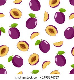 Seamless Pattern Ripe plum whole in a purple peel, half a plum with a stone and a plum slice. Vector illustration of delicious berries