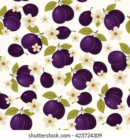 Seamless pattern with ripe plums, green leaves and white blossom on white background. 