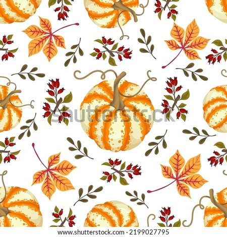 Seamless pattern with ripe pumpkins, autumn chestnut leaves and rose hips.Vector background.