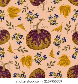 Seamless pattern with ripe pumpkins, blueberries and maple leaves.Vector graphics.