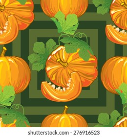 seamless pattern of ripe pumpkins with leaves and pumpkin slices with seeds on a green background