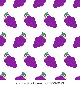 Seamless pattern with ripe purple grapes. Vector seamless pattern in flat style isolated on white background. Print for fabric, textile, wrapping paper, healthy food, menu, card