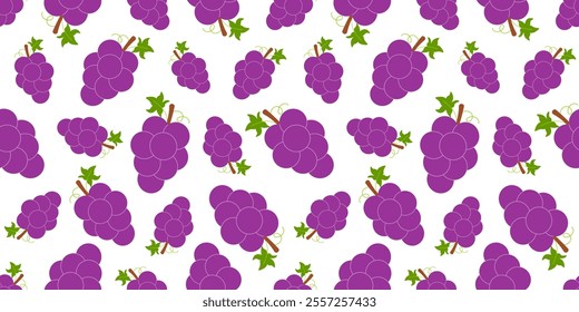 Seamless pattern with ripe purple grapes. Vector seamless pattern in flat style isolated on white background. Print for fabric, textile, wrapping paper, healthy food, menu, card