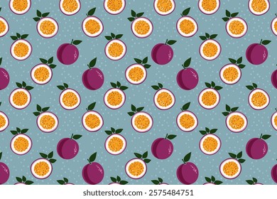 Seamless pattern with ripe purple passion fruit on pink background.