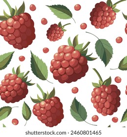 Seamless pattern of ripe raspberries. Juicy ripe raspberries and leaves on a light background