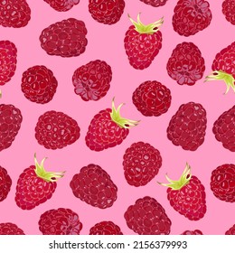 Patrón sin foco con frambuesas maduras sobre fondo rosa