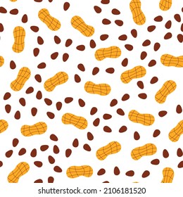 Seamless pattern with ripe raw tasty arachis on white backdrop. Vector illustration of peanut in cartoon flat style