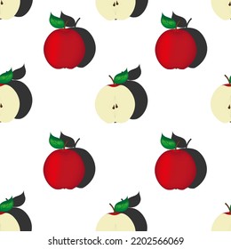 Seamless pattern with ripe red apple with shadow on white background. Beautiful print fo kitchen wallpaper with apples. Vector illustration with set of red fruits.