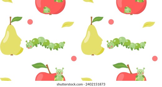Seamless pattern with ripe red apples, pears and cute caterpillar, funny pattern for kids design, vector