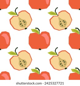 Seamless pattern with ripe red apples and halves. Applique style drawing. Background, wrapping paper.