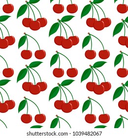 Seamless pattern from ripe red berries of a cherry with leaves on a white background. Design for textiles, banners, posters, labels. Vector illustration.