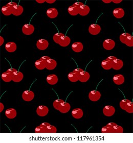 seamless pattern of ripe red cherries on black background vector