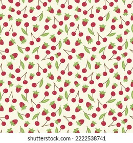 Seamless pattern with ripe red cherries and strawberries on a beige background. Colorful vector doodle illustration hand drawn. Healthy and tasty seasonal vitamin, summer berries. Card or wrapping