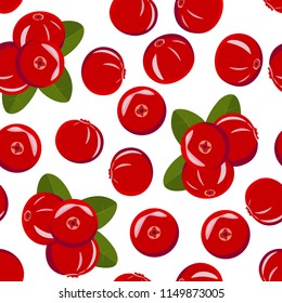 Seamless pattern from ripe red cranberries with green leaves on a white background. Design for textiles, posters, labels. Vector illustration.
