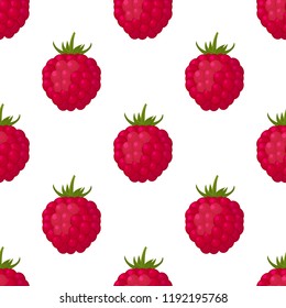 Seamless pattern - ripe red raspberries on white background. Design for textiles, labels, posters, banners. Vector illustration.