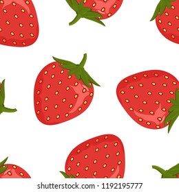 Seamless pattern and ripe red strawberries on white background. Design for banner, poster, textile. Vector illustration.