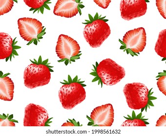 Patrón sin foco y fresas rojas maduras sobre fondo blanco. Diseño para banner, afiche, textil. Ilustración vectorial.

