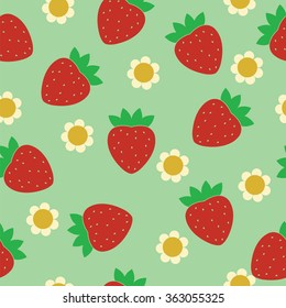 Seamless pattern Ripe red strawberries with flowers on a green background.- Illustration.