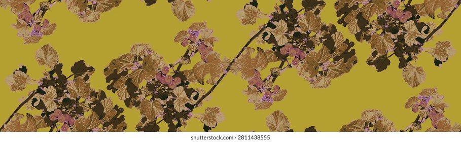 Seamless pattern with ripe redcurrant berries and green leaves on branches isolated on white background, vector botanical illustration for textile design