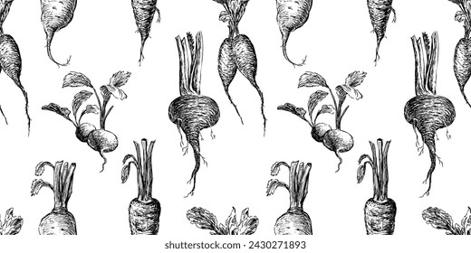 Seamless pattern of ripe roots vegetables sketches, vector background for paper,wallpaper,textile