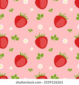 Seamless pattern with ripe strawberries and flowers on a pink background