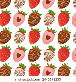 Seamless pattern with ripe strawberries. Fresh berries covered with chocolate glaze, different designs and colors. Vector illustration on a transparent background.