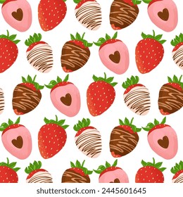 Seamless pattern with ripe strawberries. Fresh berries covered with chocolate glaze, different designs and colors. Vector illustration on a transparent background.