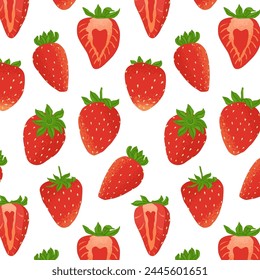 Seamless pattern with ripe strawberries. Fresh berries, whole and cut in half from different angles. Vector illustration on a transparent background.
