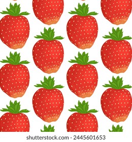 Seamless pattern with ripe strawberries. Fresh large berry. Bright summer pattern for paper and textile design. Vector illustration on a transparent background.